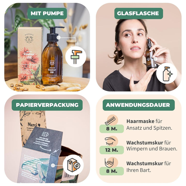 Bionoble Rizinusöl Bio 200ml - 100% Rein, Natürlich und Kaltgepresst - Wimpern, Augenbrauen, Haare,