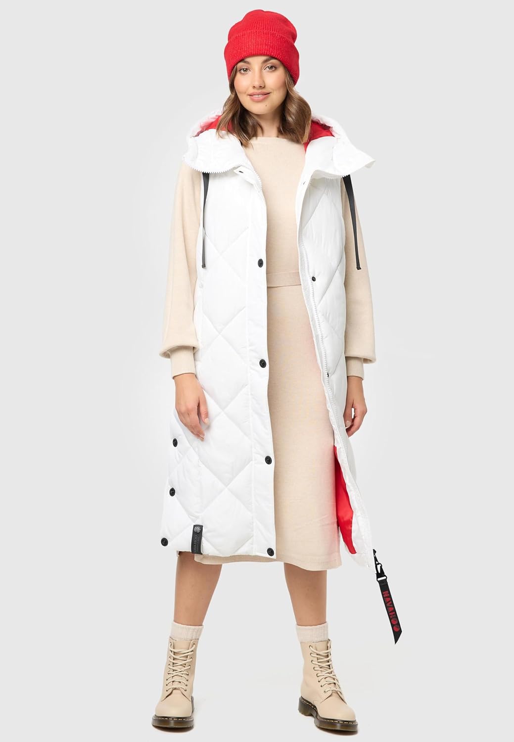 Navahoo warme Damen Winter Steppweste lang mit Kapuze Schnuckel XS-XXL XL Offwhite, XL Offwhite