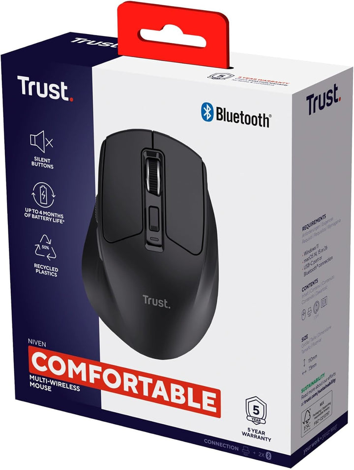 Trust Niven Kabellose Maus Bluetooth + 2.4GHz, Leise Tasten, Mehrgeräte Komfortable Funkmaus, 800-32