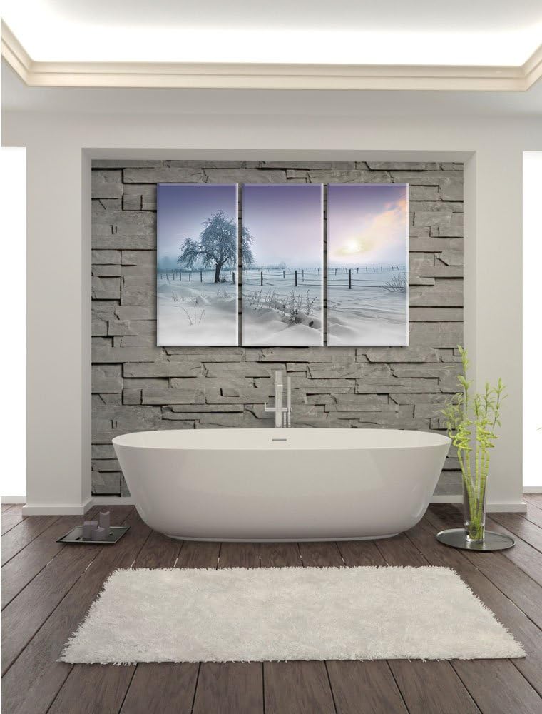 Pixxprint Einsamer Baum in Winterlandschaft schwarz/weiss 3-Teiler Leinwandbild 120x80 Bild auf Lein