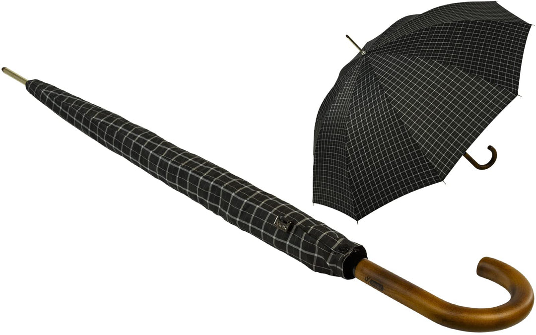 iX-brella Herren-Stockschirm Automatik mit Echtholz-Rundhakengriff - Karo schwarz Check Black, Check