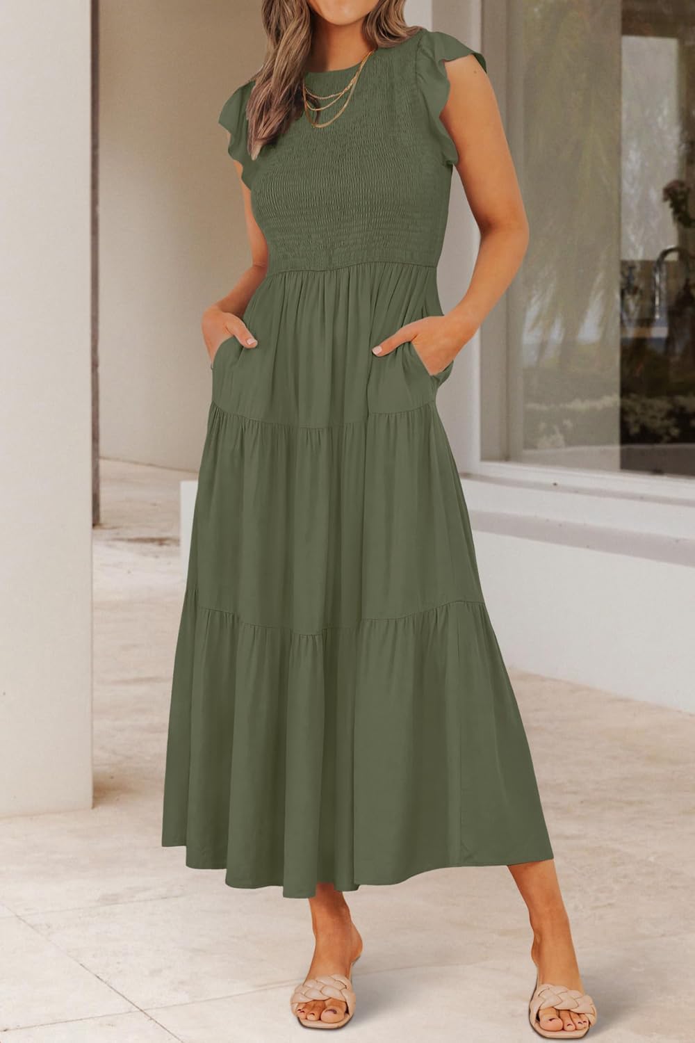 Damen Sommerkleid A Linie Kleider Kurzarm Kleid Midi Freizeitkleid Armeegrün S, Armeegrün S