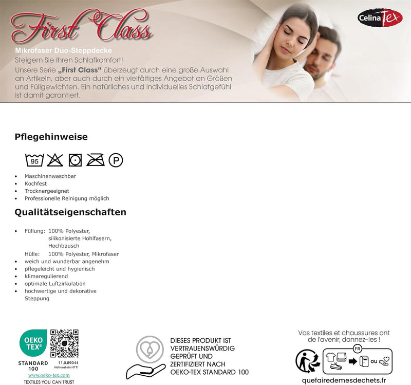 CelinaTex First Class Duo Bettdecke 155 x 220 cm Winter Steppdecke warm Qualitäts Decke Herbst atmun