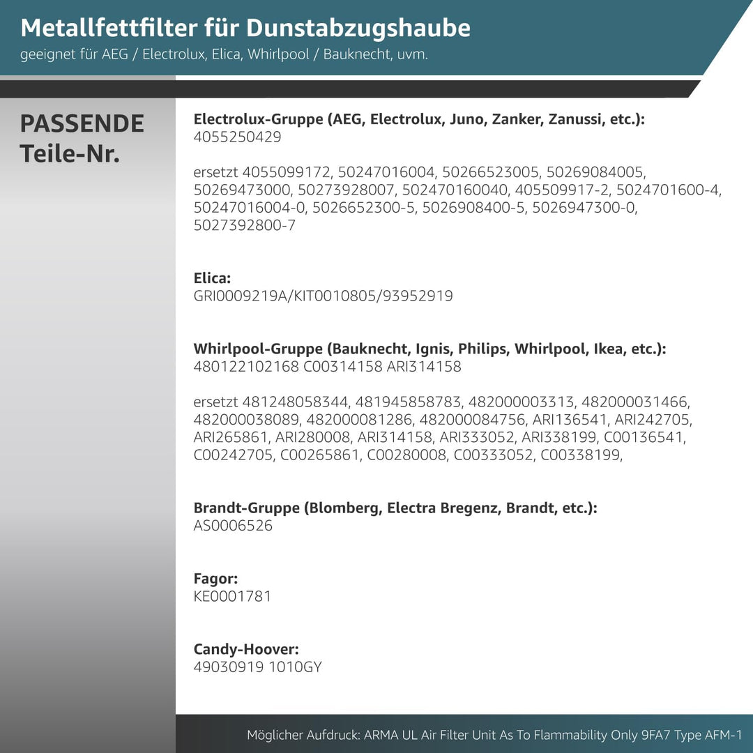 Metallfettfilter für Dunstabzugshaube 305 x 267 mm geeignet für AEG 405525042-9 4055250429, Elica 93