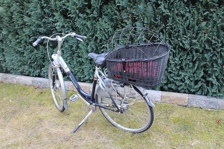 Hundefahrradkorb für Gepäckträger aus Weide mit Metallgitter und Kissen Schwarz XL oder XXL Gepäcktr