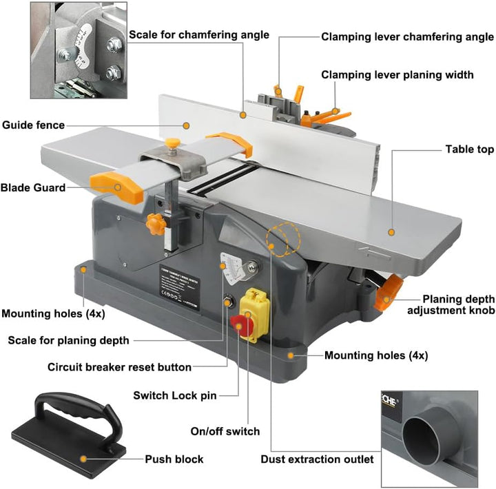 Hoteche Holzwerkzeuge Hobelmaschine Dickenhobelmaschine 1280W Kupfermotor 9000rpm maximale Schnittbr