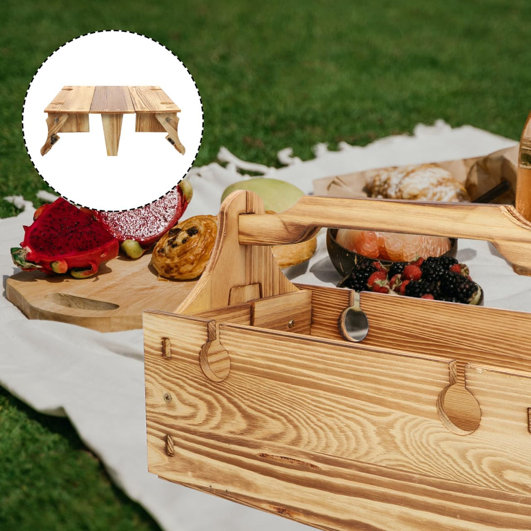 GANAZONO Klapptisch Korb Weinhalter Picknick Im Freien Picknickkorb Aus Holz Klappbarer Tisch Für De