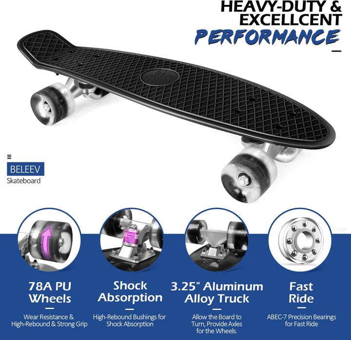 BELEEV Skateboard Komplette 22 Zoll Mini Cruiser Skateboard für Kinder Jugendliche Erwachsene, LED L