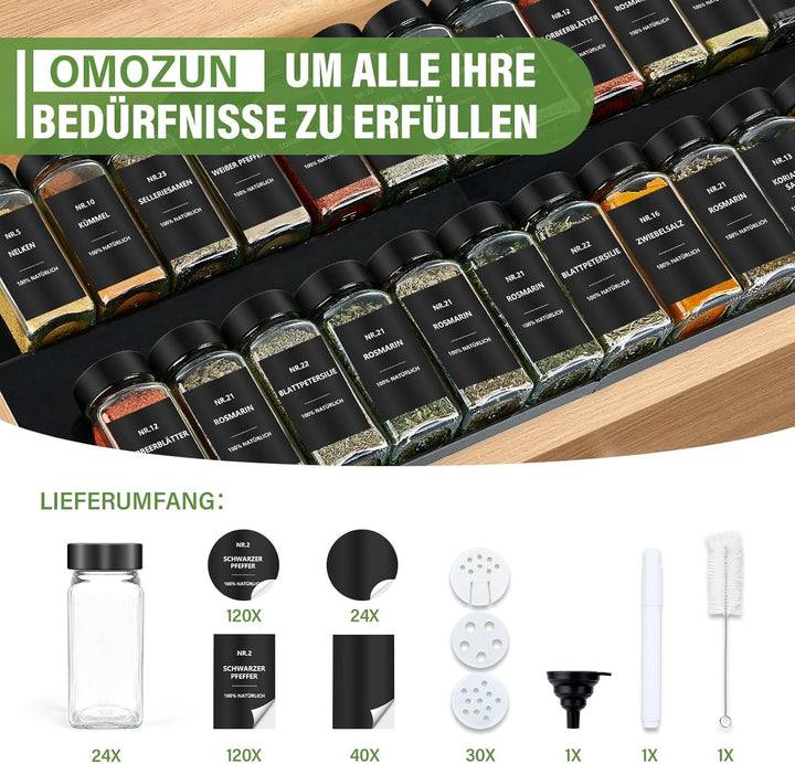 Gewürzgläser Eckig mit Etiketten Set 24er: Kleine Gewürzdosen Glas 120ml mit Streueinsatz Wasserfest