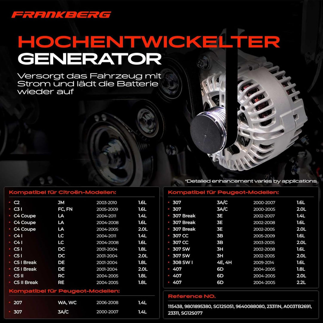 Frankberg Alternator Lichtmaschine Generator Kompatibel mit Berlingo 1.6L 1.9L 2008-Heute C2 C3 C4 C
