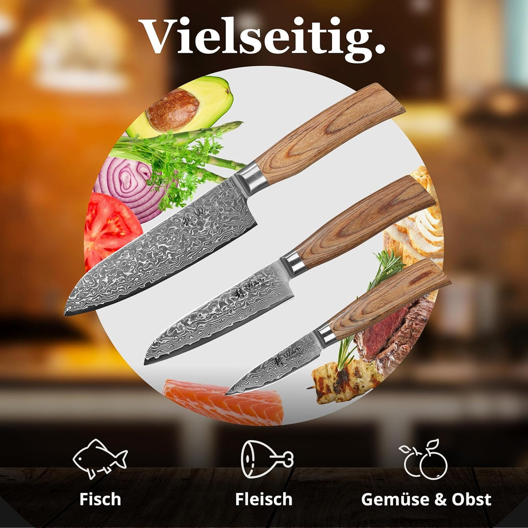 Wakoli EDIB Pro Premium 3er Damastmesser-Set mit 8-16 cm Klingen gefertigt aus 67 Lagen echtem Damas