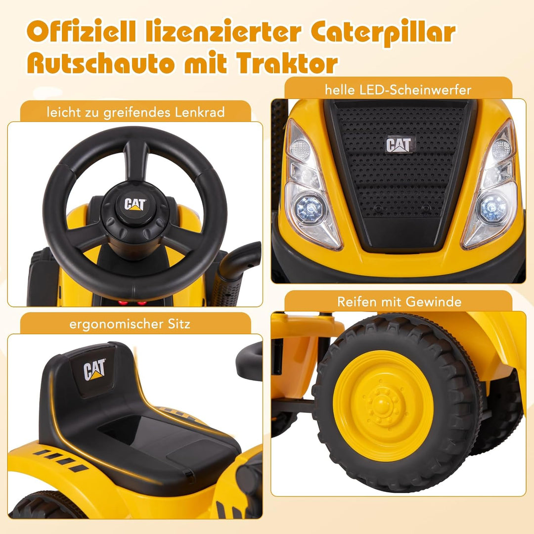 DREAMADE Kinder Rutschtraktor mit Abnehmbarem Anhänger, Hupe, LED-Lichtern, Rechen & Schaufel - Ruts
