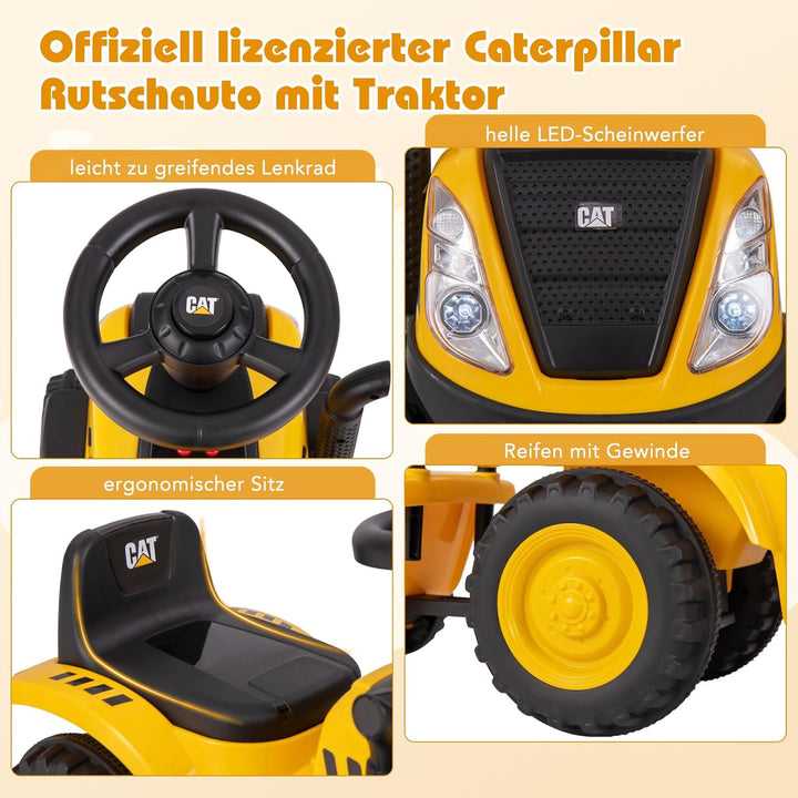 DREAMADE Kinder Rutschtraktor mit Abnehmbarem Anhänger, Hupe, LED-Lichtern, Rechen & Schaufel - Ruts