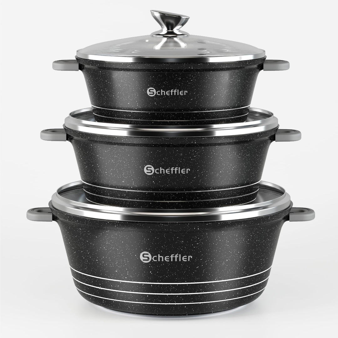 Scheffler Topfset mit Glasdeckel, 28cm,6L/32cm,10L, /36cm,14L, Kochtopf Set Induktions Töpfe Set, mi
