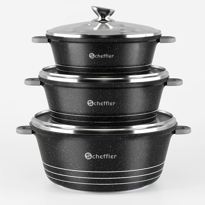 Scheffler Topfset mit Glasdeckel, 28cm,6L/32cm,10L, /36cm,14L, Kochtopf Set Induktions Töpfe Set, mi