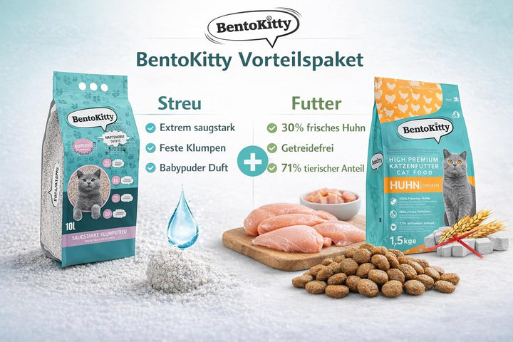 Katzenstreu 10L Babypuder + Katzenfutter Huhn 1,5kg – Klumpstreu aus Bentonit, saugstark & geruchsbi