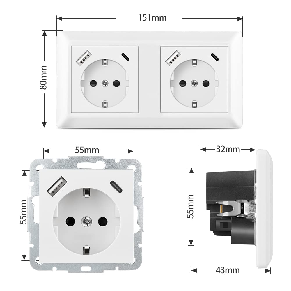 USB Steckdose, Kaifire Schuko Doppelsteckdose mit 2 USB Anschluss und 2 Typ C System 55 Schutzkontak