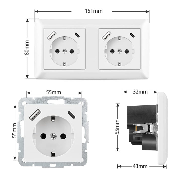 USB Steckdose, Kaifire Schuko Doppelsteckdose mit 2 USB Anschluss und 2 Typ C System 55 Schutzkontak