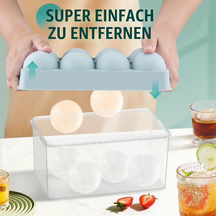 WIBIMEN Grosse Eiswürfelform, 6,3 cm, Whiskey-Eisform, 2 Stück, Kugelform mit Behälter und Zange, au
