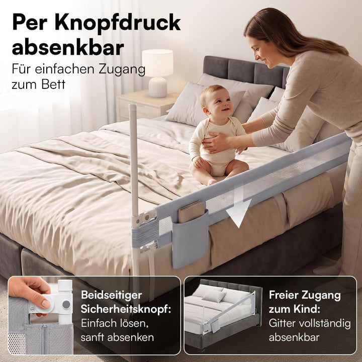Bellabino Drina Rausfallschutz – Bettschutzgitter Boxspringbett – Bettgitter 180 cm Hellgrau – Baby