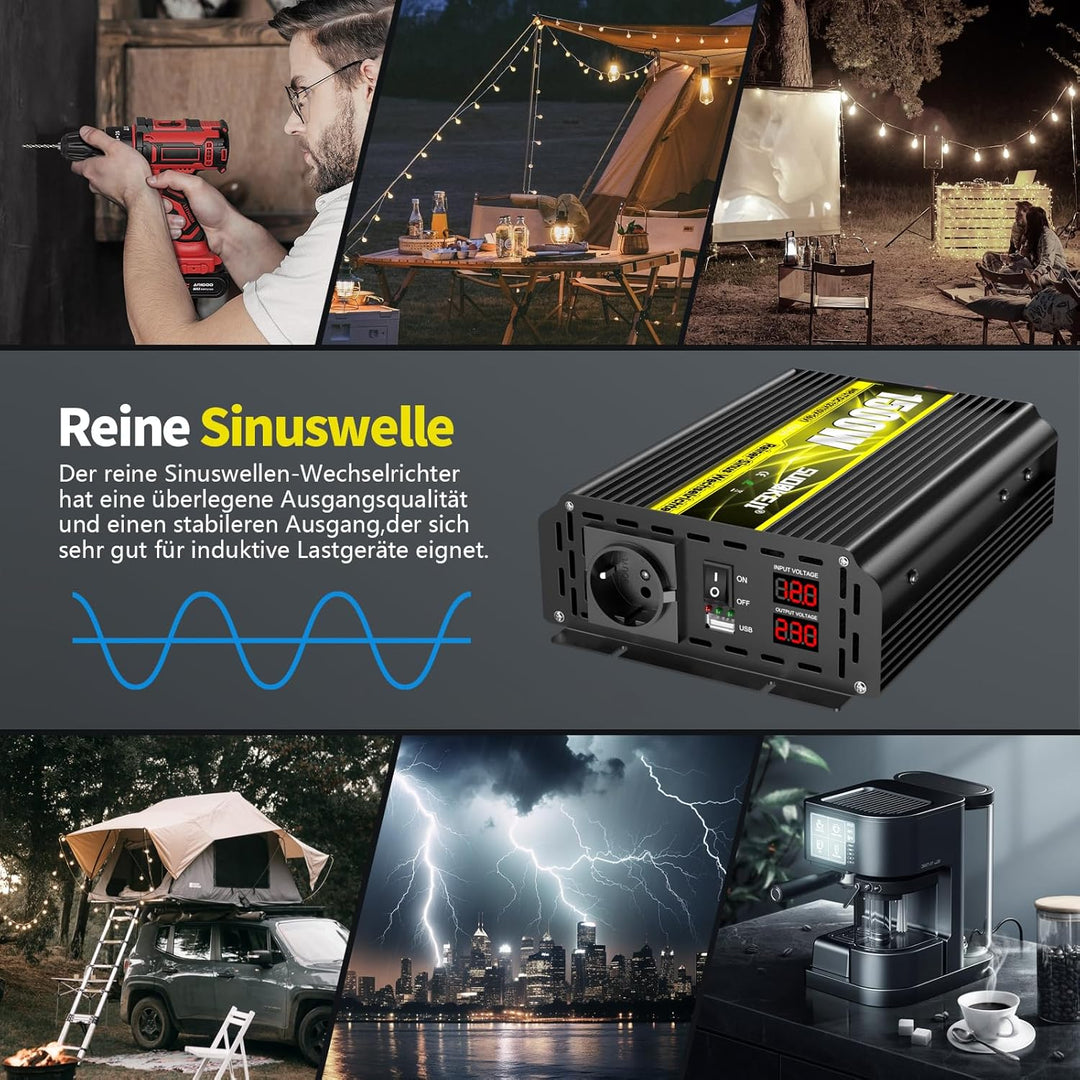 SUDOKEJI Spannungswandler 1500W/3000W Reiner Sinus Wechselrichter 12V auf 230V EU-Steckdose mit LCD
