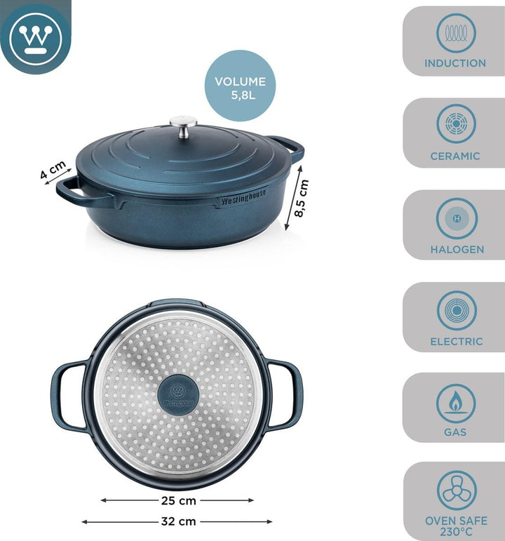Westinghouse PERFORMANCE SERIES Schmorpfanne mit Deckel, Grosse Bratpfanne 32 cm für Induktion & all