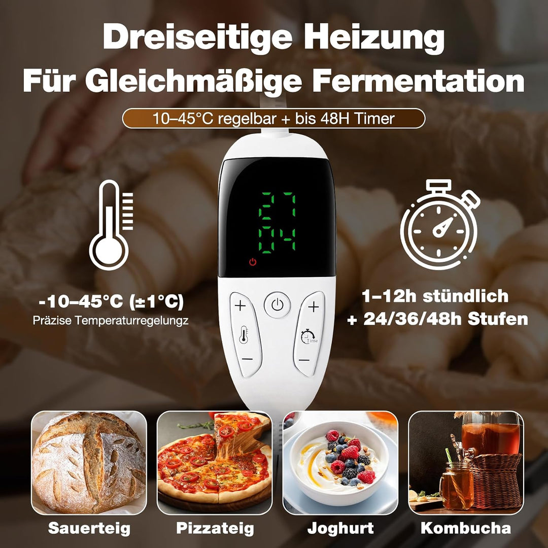 Faltbare Brot Gärbox mit Temperaturregelung 10–45 °C & 48H-Timer, Teigbox mit Deckel Metallgitter fü