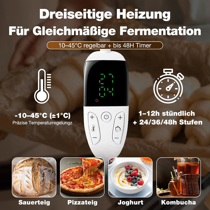 Faltbare Brot Gärbox mit Temperaturregelung 10–45 °C & 48H-Timer, Teigbox mit Deckel Metallgitter fü