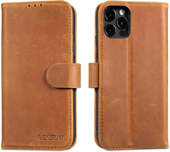 LENSUN Echtleder Hülle für iPhone 12, iPhone 12 Pro 5G Handyhülle [Echtes Leder][Magnetverschluss][R