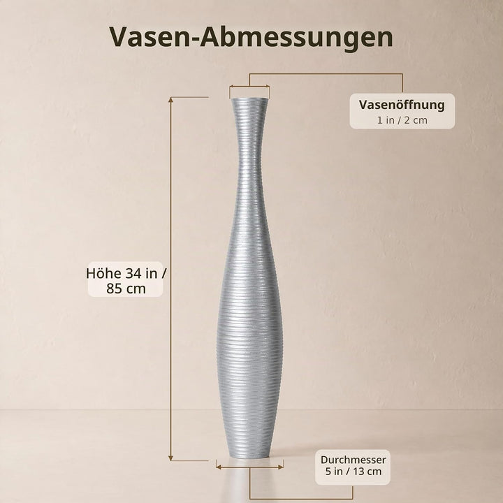 Leewadee Grosse Bodenvase für Dekozweige hohe Standvase Design Holzvase, Holz, 90 cm, Silber 90 cm S
