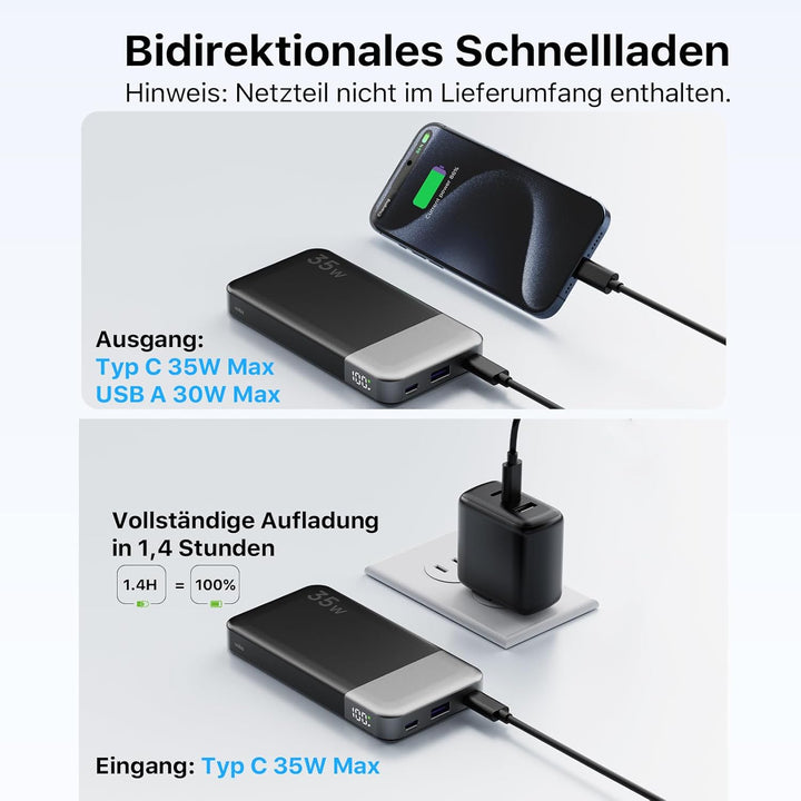 NOBIS Power Bank 35W 10000 mAh Powerbank – Schnellladung mit 2 USB-C EIN- & Ausgängen, 1 USB-A Ansch