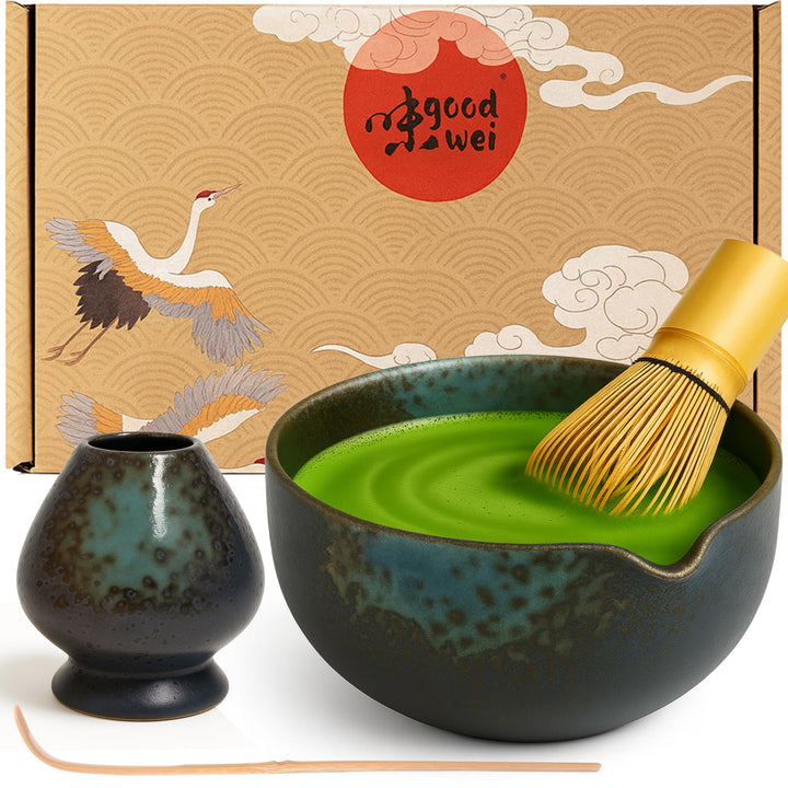 Goodwei Matcha Latte Set aus Keramik – Matchaschale mit Ausgiesser, Matchabesen, Besenhalter & Bambu