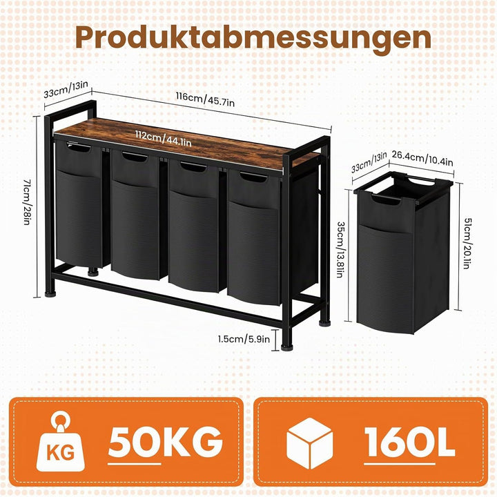 Sweetcrispy Wäschesammler mit Rollen, Wäschekorb 4 Fächer, 160 L, Schwarz | mit Ablage, 4 abnehmbare