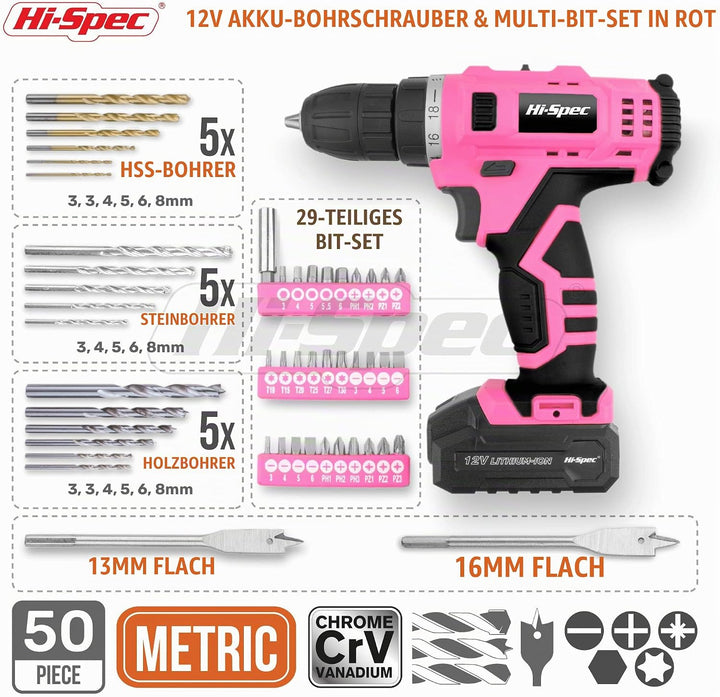 Hi-Spec Akkuschrauber und Bohrmaschinen 50tlg. – 12V Bohrmaschine in Pink Rosa mit gängigen Holz-, M