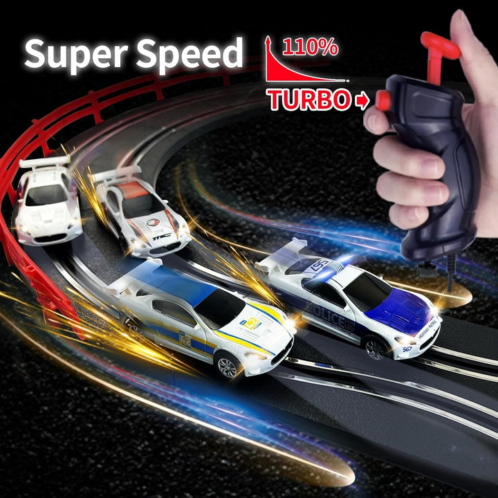 AGM MASTECH Slotcar-Rennbahn-Sets mit 4 exquisiten Slotcars, Batterie- oder Elektroautobahn, 2 Contr