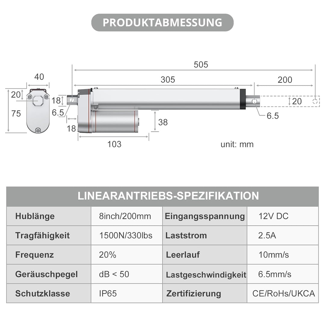Justech Lineartechnik Aktuatoren Linear Actuator 200mm Linearantrieb 1500N/330 LBS IP65 10mm/s Motor