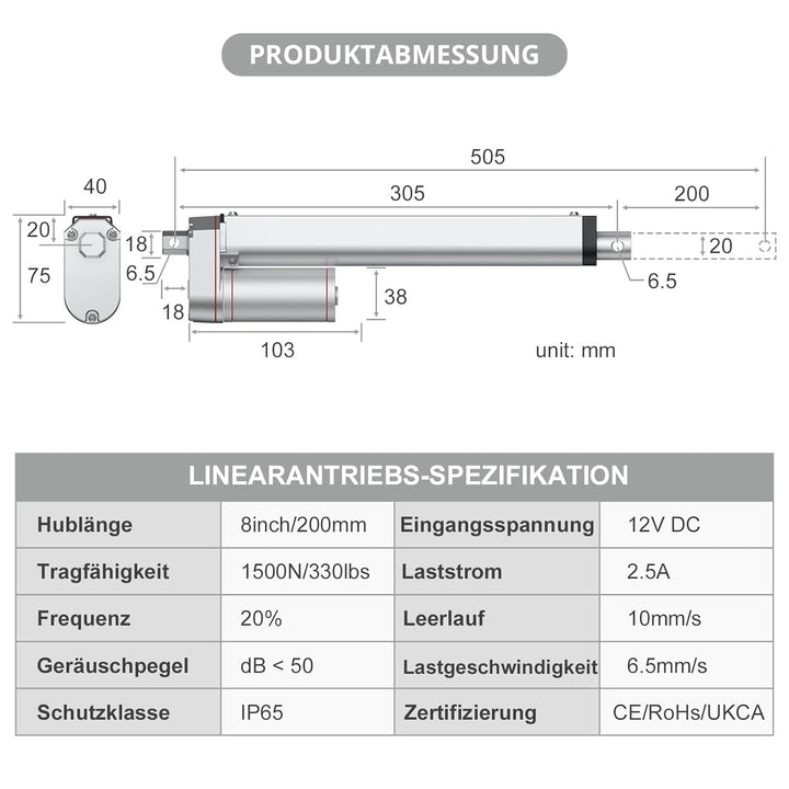 Justech Lineartechnik Aktuatoren Linear Actuator 200mm Linearantrieb 1500N/330 LBS IP65 10mm/s Motor