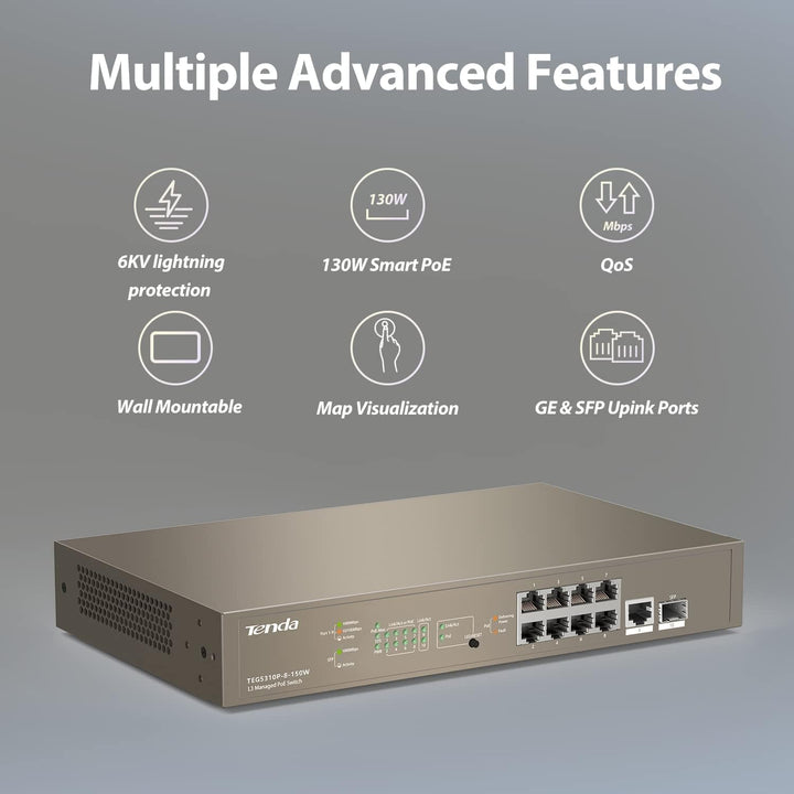 Tenda L3 Managed PoE Switch 10-Port Gigabit LAN Switch mit 8 PoE+ Ports (130W, VLAN, Igmp-Snooping,