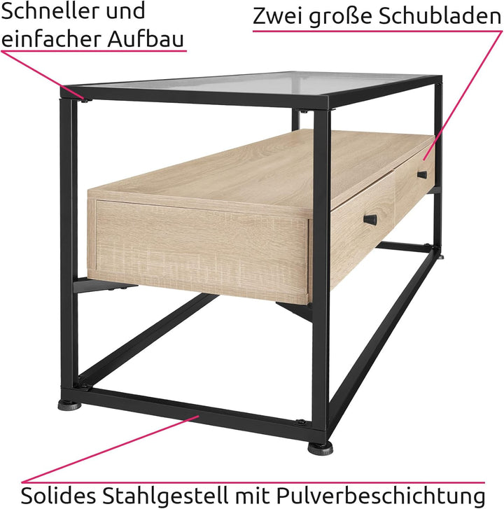 tectake® Lowboard mit 2 Schubladen und Ablagen, 121,5 x 41,5 x 50,5 cm, Fernsehtisch mit Glasplatte,