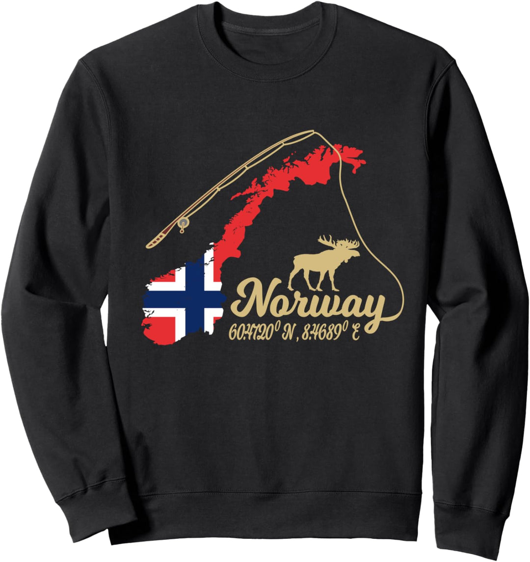 Norwegen Landkarte Angel Elch mit GPS Koordinaten Angelrute Sweatshirt