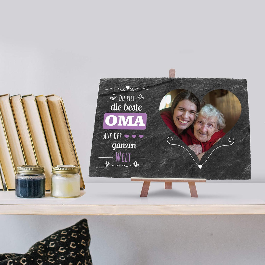 wandmotiv24 Schiefertafel Beste Oma, Mit Ihrem Farb-Foto im Herzformat Bedrucken Lassen inkl. Spruch