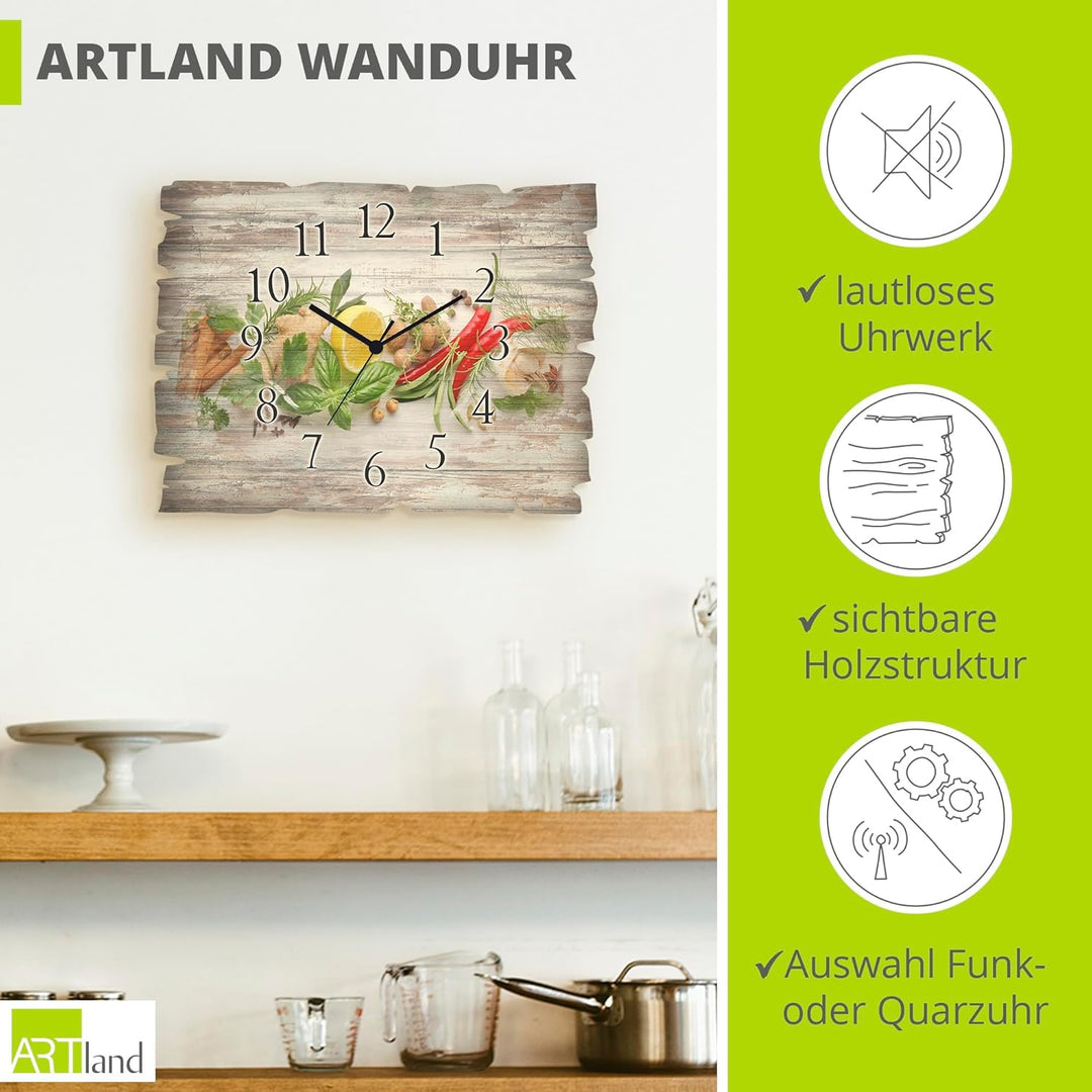 ARTLAND Wanddeko Wanduhr ohne Tickgeräusche aus Holz Quarz Uhr lautlos Rechteckig 40x30 cm Essen Leb