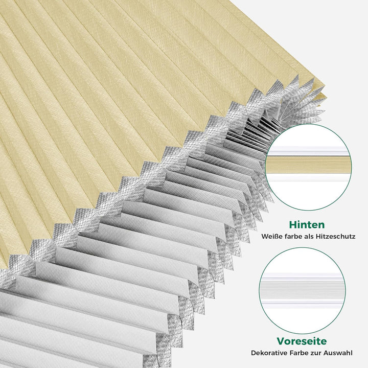 Allesin Wabenplissee ohne Bohren Klemmfix Thermo Verdunklungsplissee 45x110cm(BxH) Beige | 100% Verd
