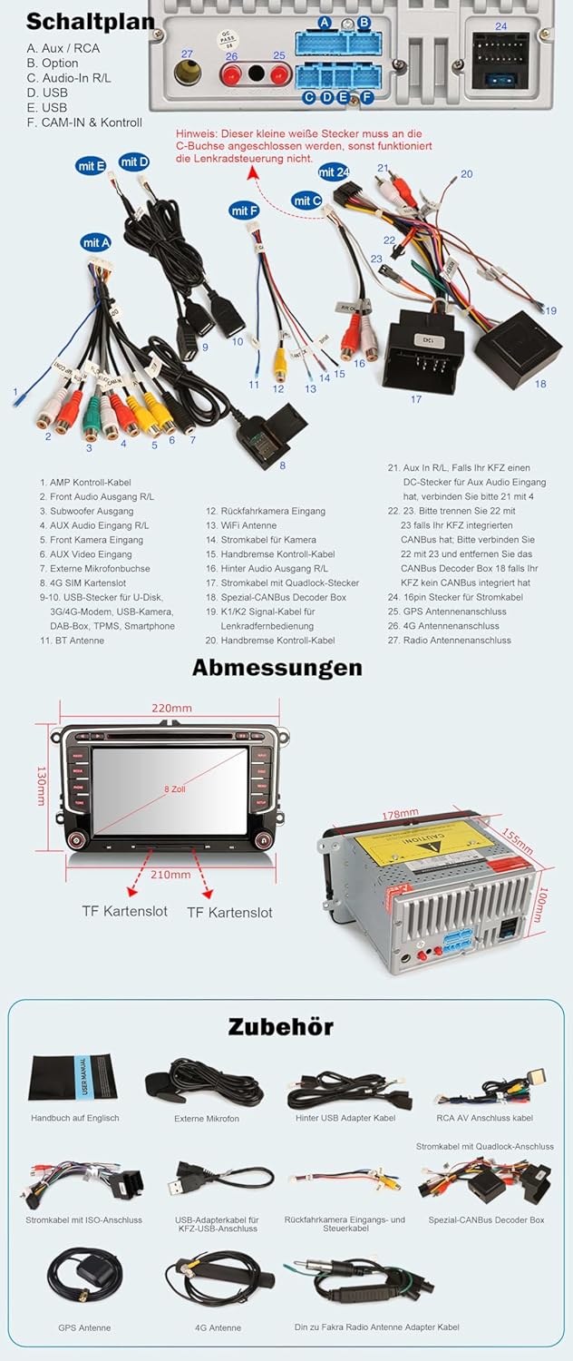 Erisin 8-Kern 4GB+64GB 7 Zoll Android 14 Autoradio GPS Navi DVD für VW Passat B6 T5 Golf 5/6 Polo 6R