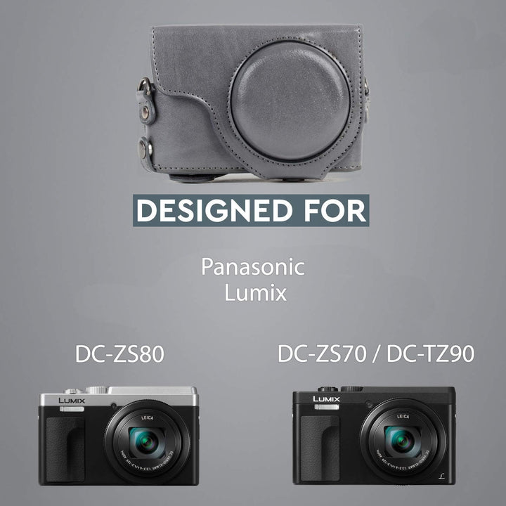 MegaGear MG1261 Panasonic Lumix DC-TZ95, DC-TZ90 Ever Ready Leder Kamera-Case mit Trageriemen - Grau