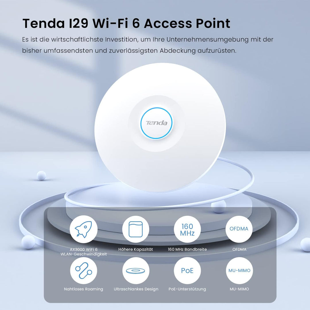 Tenda i29 AX3000 Access Point PoE WiFi 6 (802.11ax Dualband, MU-MIMO & OFDMA, 2 Gigabit Ports, WPA3,