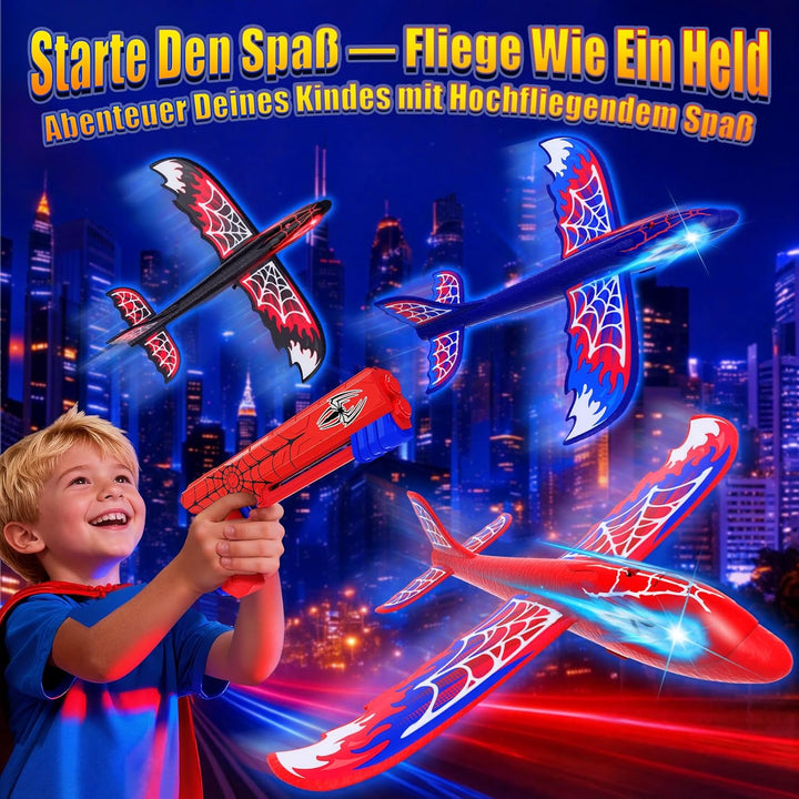 Flugzeug Spielzeug ab 3-12 Jahre, 3 Flugzeug mit Leuchtend Augen & Spinnennetz Flügel, Spider Spielz