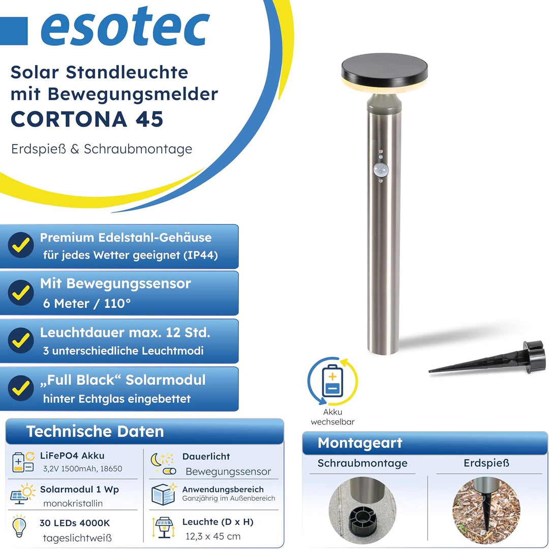 esotec Solar Gartenbeleuchtung Aussenlampe mit Bewegungsmelder Cortona, H=45cm, Edelstahl Solarleuch