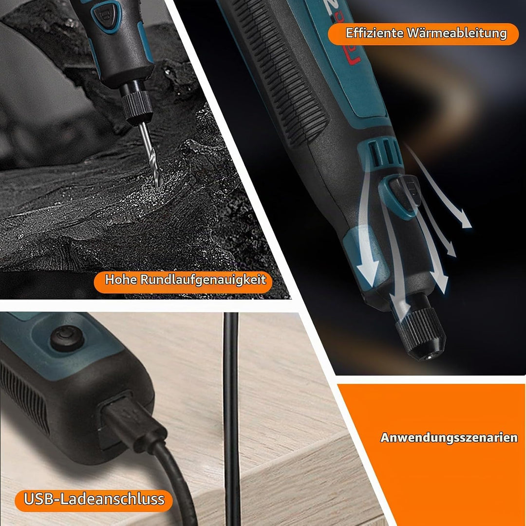 Multifunktionswerkzeug Akku Gravierstift, Mini Rotationswerkzeug mit 50 Zubehörteilen, 3 Drehzahlen
