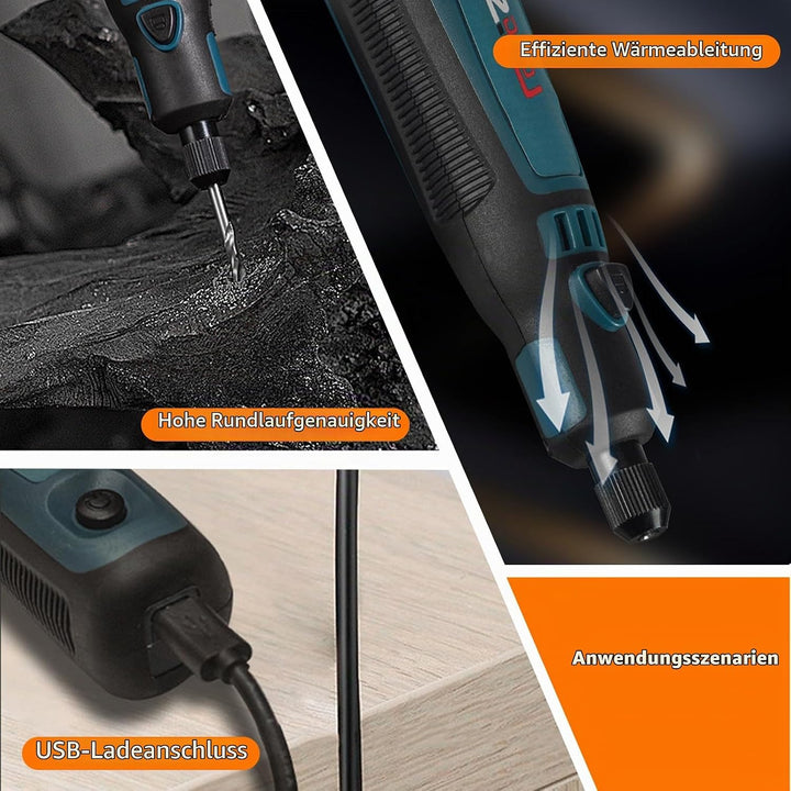 Multifunktionswerkzeug Akku Gravierstift, Mini Rotationswerkzeug mit 50 Zubehörteilen, 3 Drehzahlen